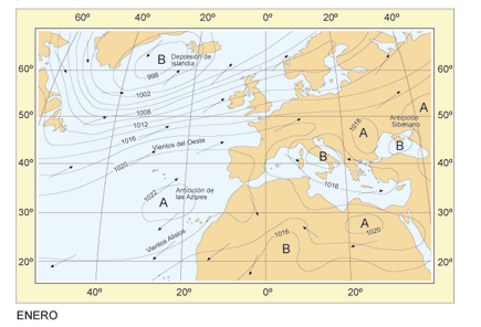 Esquema simplificado de la presin media atmosfrica al nivel del mar, centros de accin y direccin de los vientos dominantes en enero.