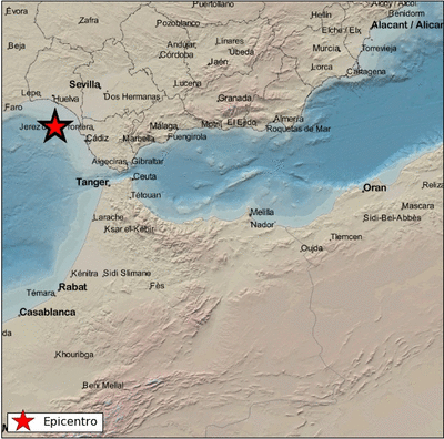 Epicentro del terremoto en las proximidades de Chipiona. (IGN)