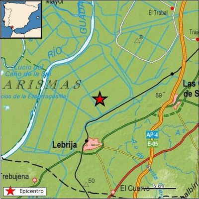 Epicentro del terremoto en las proximidades de Lebrija. (IGN)