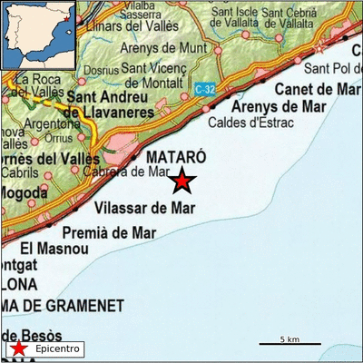 Epicentro del terremoto en las proximidades de Caldes d'Estrac. (IGN)