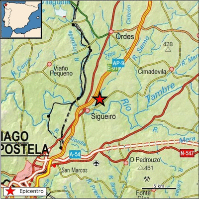 Epicentro del terremoto en las proximidades de Oroso. (IGN)