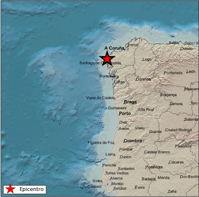 Epicentro del terremoto en las proximidades de Muxía. (IGN)