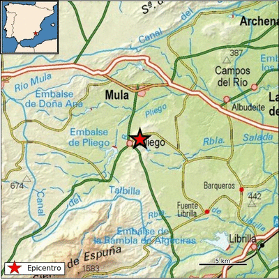 Epicentro del terremoto en las proximidades de Pliego. (IGN)