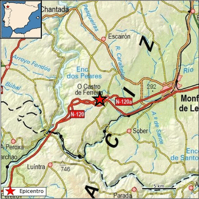 Epicentro del terremoto en las proximidades de O Saviñao. (IGN)