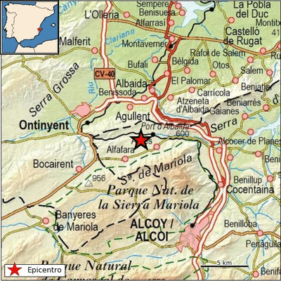 Epicentro del terremoto en las proximidades de Agres. (IGN)