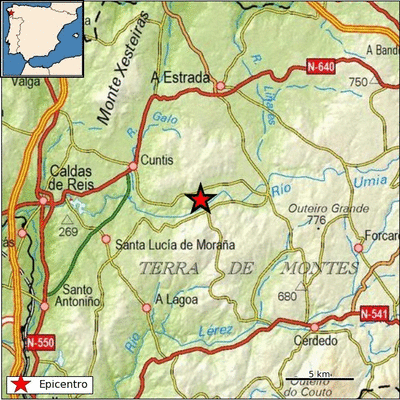 Epicentro del terremoto en las proximidades de Cuntis. (IGN)
