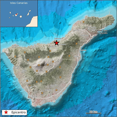 Epicentro del terremoto en las proximidades de Puerto de la Cruz. (IGN)