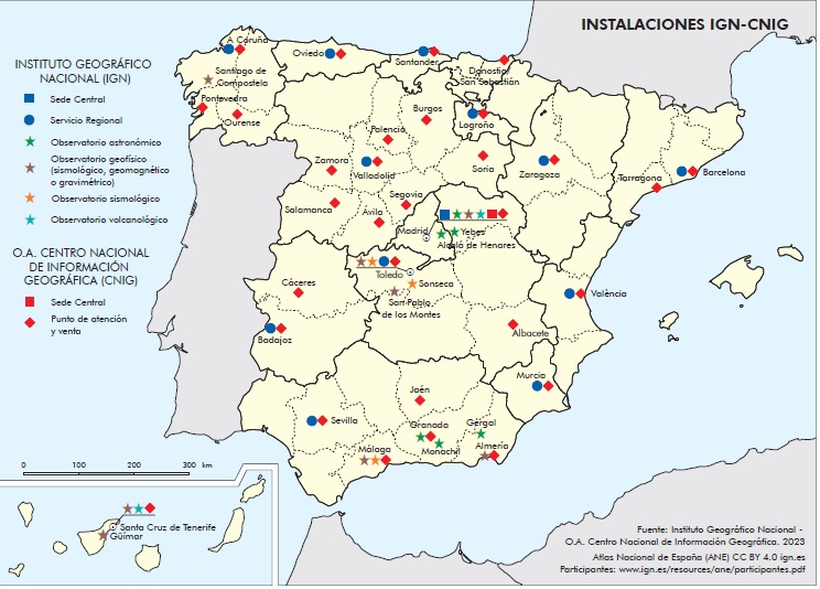 Mapa de España. Instalaciones del IGN-CNIG