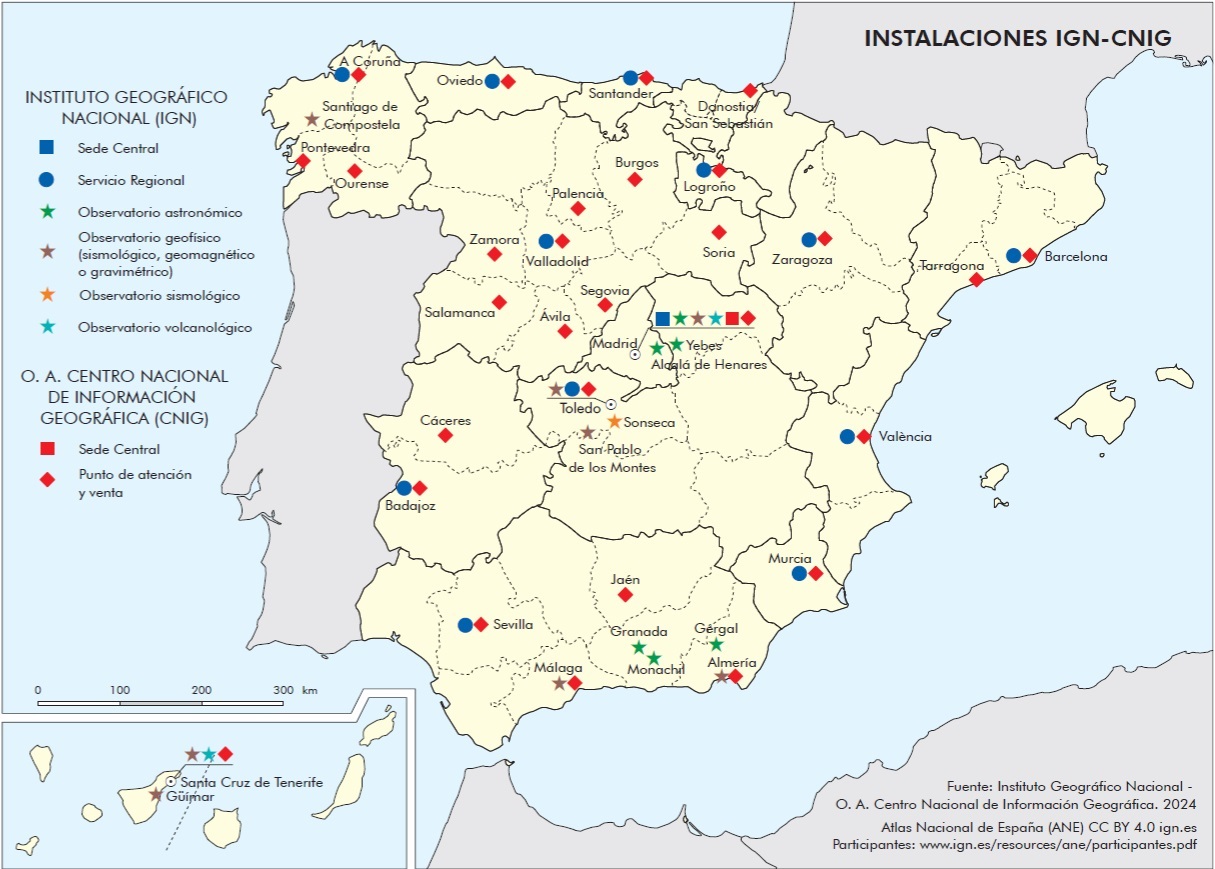 Mapa de España. Instalaciones del IGN-CNIG