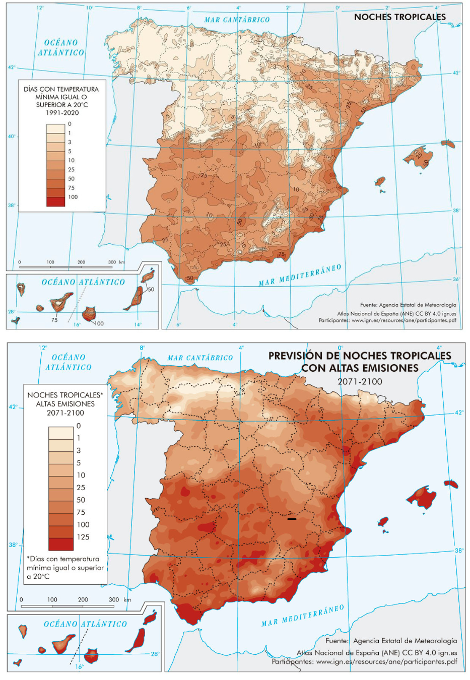 Mapas destacados del Atlas Nacional de España: Noches tropicales y Previsión de noches tropicales con altas emisiones