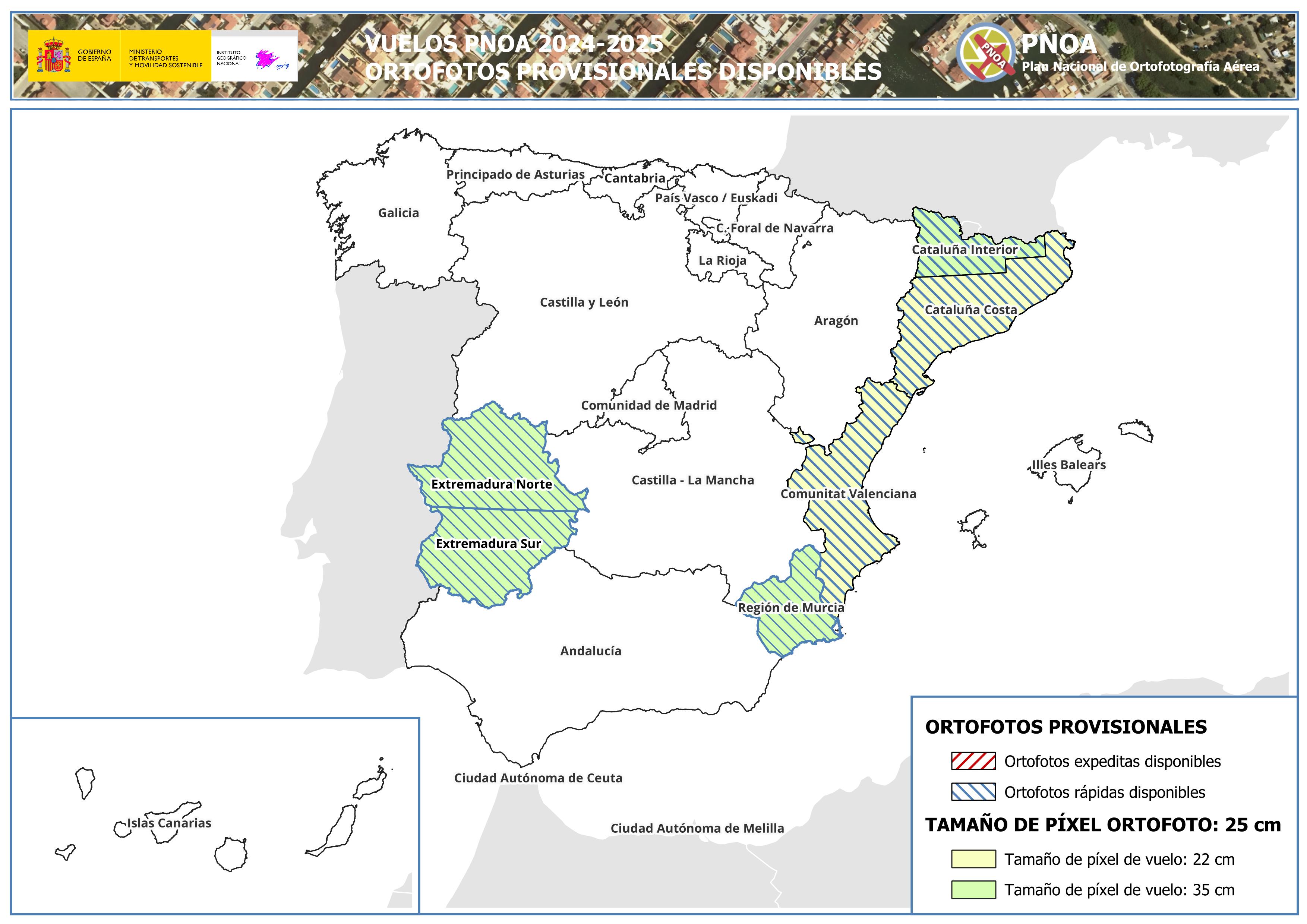 Actualización de Ortofotos Provisionales PNOA 2024-2025. Extremadura y Región de Murcia
