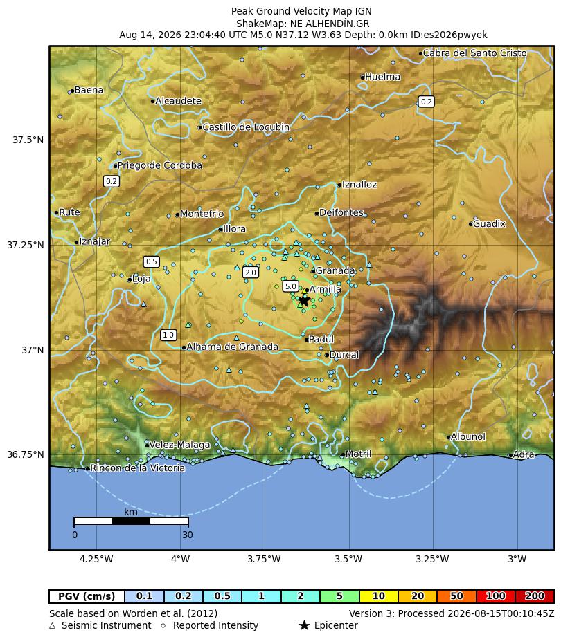 Mapa de velocidad máxima del suelo del terremoto de magnitud 5,0 al noreste de Alhendín elaborado por el IGN